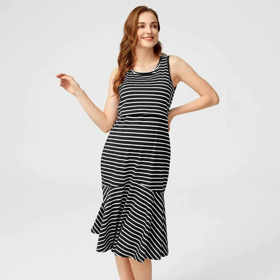 Striped Sleeveless Maternity Dress for Breastfeeding